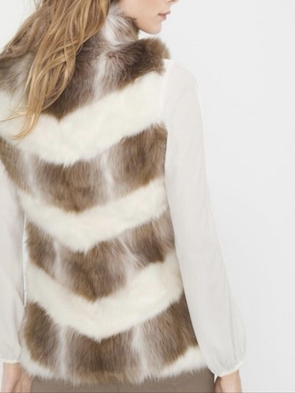 NWT- White House Black Market Ecru Chevron Faux Fur Vest - Soft Neutral Tone